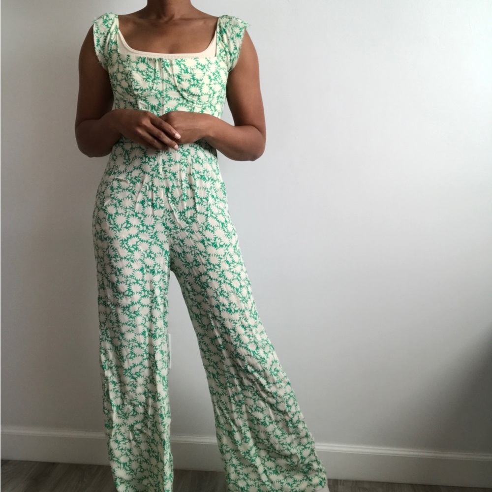 CAPULET WOMENS JUMPSUIT GREEN FLORAL WIDE LEG CORSET 4 - Picture 1 of 13